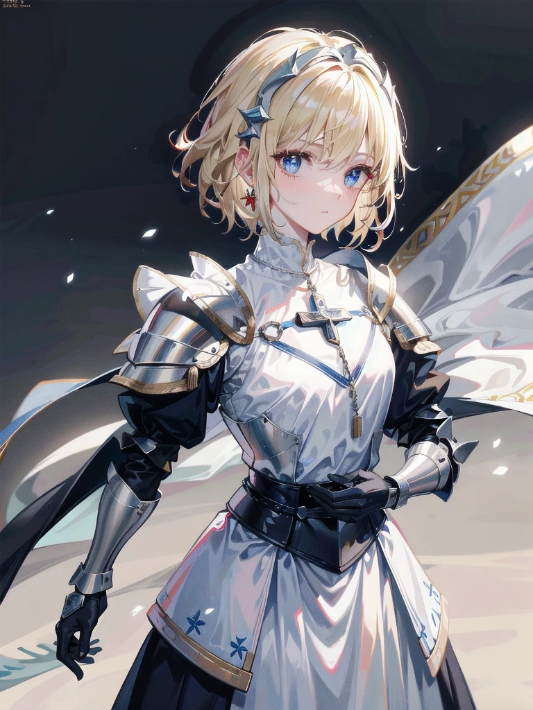 Joan of Arc, surcoat, cross armor, full body shot, absurdres, RAW photo, extremely delicate and beautiful, masterpiece, Best Quality, ultra high resolution, 32k, hyperrealistic, ultra-detailed, detailed beautiful face and eyes, tearful mole, earring, short medium hair, wavy hair, blonde hair, gauntlets,
