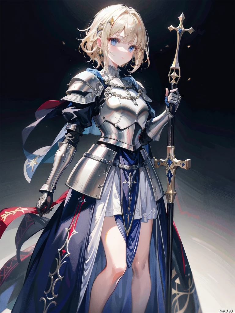 Joan of Arc, surcoat, cross armor, full body shot, absurdres, RAW photo, extremely delicate and beautiful, masterpiece, Best Quality, ultra high resolution, 32k, hyperrealistic, ultra-detailed, detailed beautiful face and eyes, tearful mole, earring, short medium hair, wavy hair, blonde hair, gauntlets,