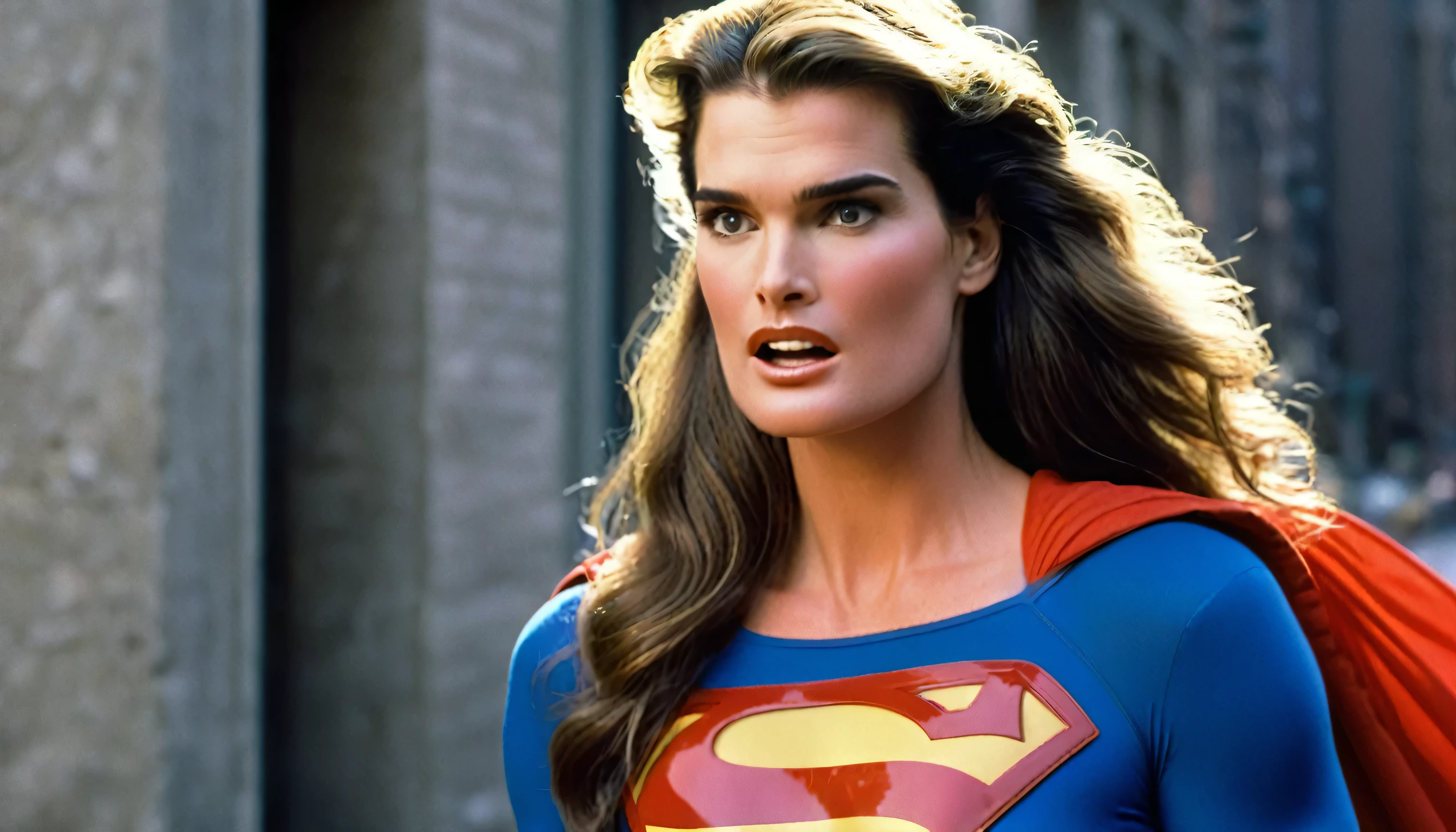 Brooke Shields Medical doctor, correndo pela rua e se transformando em Superwoman (((cena do filme Superman 1987)))