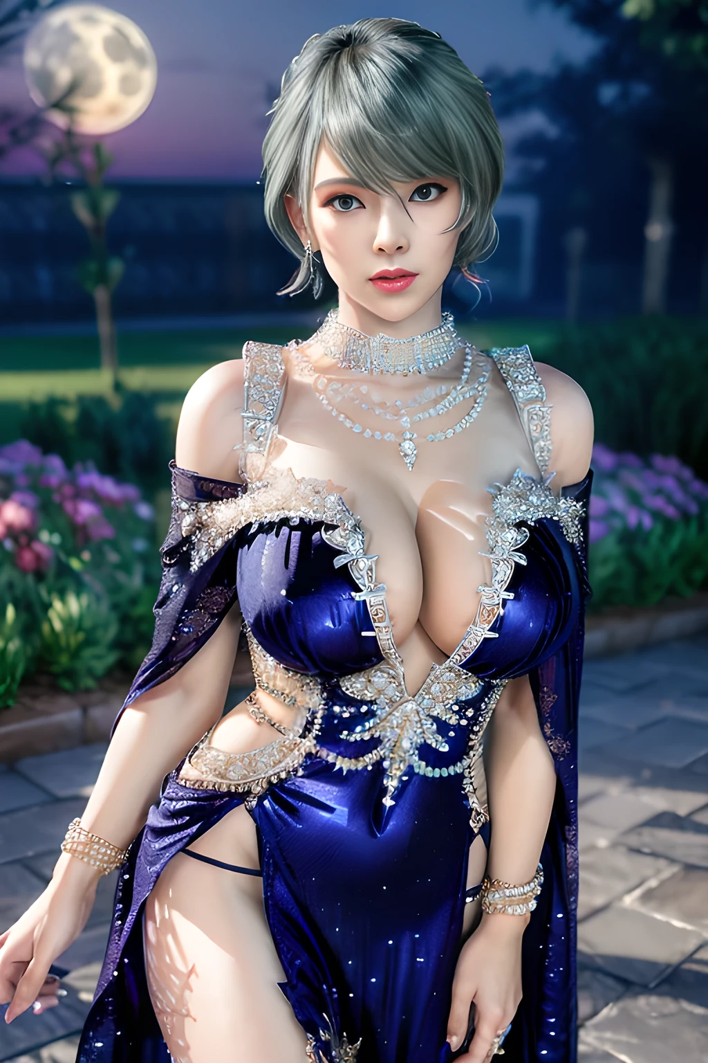 1 girl,((Wearing Ice-crystal embellished dress:1.5),(Wearing Jewel:1.2) ,( lace_cloak:1.3),(Fluffs :1.4),(pearl bodychain:1.3),garden,nighttime,moon,( huge breasts ),cleavage,shiny skin,lip gloss,tattoos, masterpiece, best quality, realistic ,Surrealism,Rich artistic colors,natural colors art in 8k,3D,Portrait art,solo, tamaki