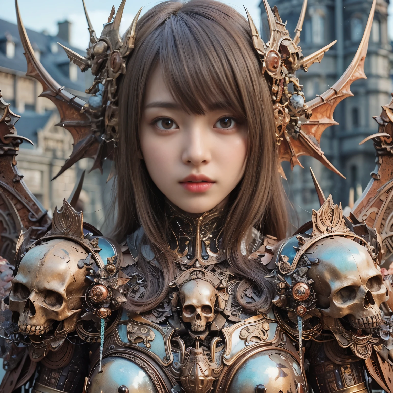 (masterpiece、highest quality、Realistic photos)、A very cute Japanese woman、(Brown skin:1.4)、A complex copper and brass mechanical armor with a skull motif.、Bat Wings、White tone、Blue accents、foot、Extremely intricate details、Posing on the medieval castle walls at sunset、Full Body Shot、Minimum 4 or more generated