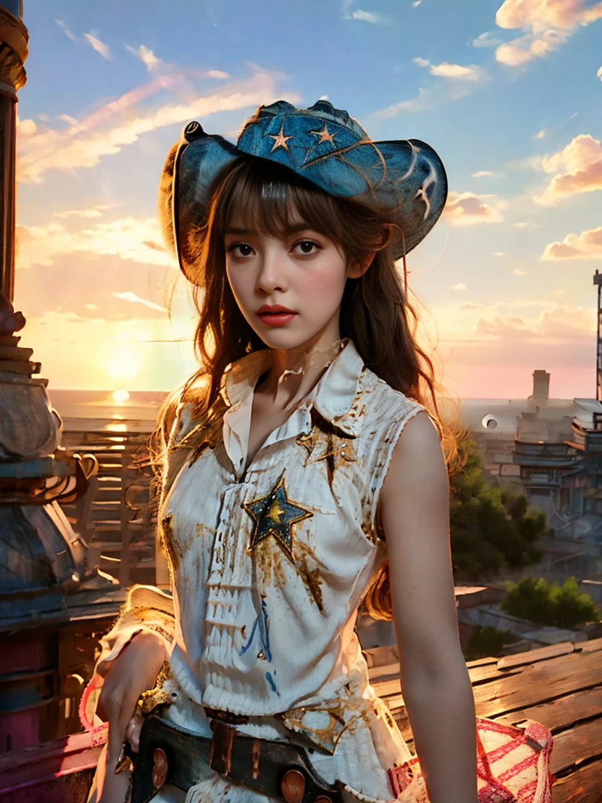 (Vision)，(panoramic:1.5)，(Wide-angle shooting:1.3)，1girl, beauty, Short brown hair，Beautiful eyes，The background is the pink sea under the sunset，****ta style，Second Dimension，Masterpiece，High quality and high resolution，comics，Small fresh, (cowboy shot:1.8), UHD, retina, ccurate, anatomically correct, textured skin, super detail, award winning, best quality, 8k