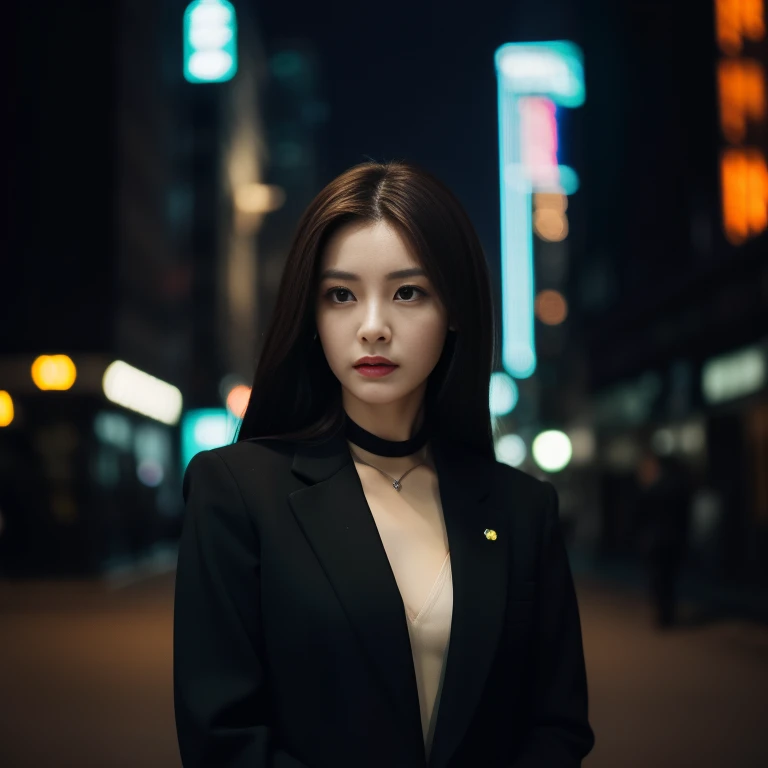 One beautiful woman。((Wearing a black business suit。))Dark brown hair。Shoulder length。Beautiful double eyelids。Fuller lips。Early 20s。A frightened look on the face of something。On the background of a woman、City night street。The city is deserted、Spooky atmosphere。8K quality。highest quality。masterpiece。Detail view。