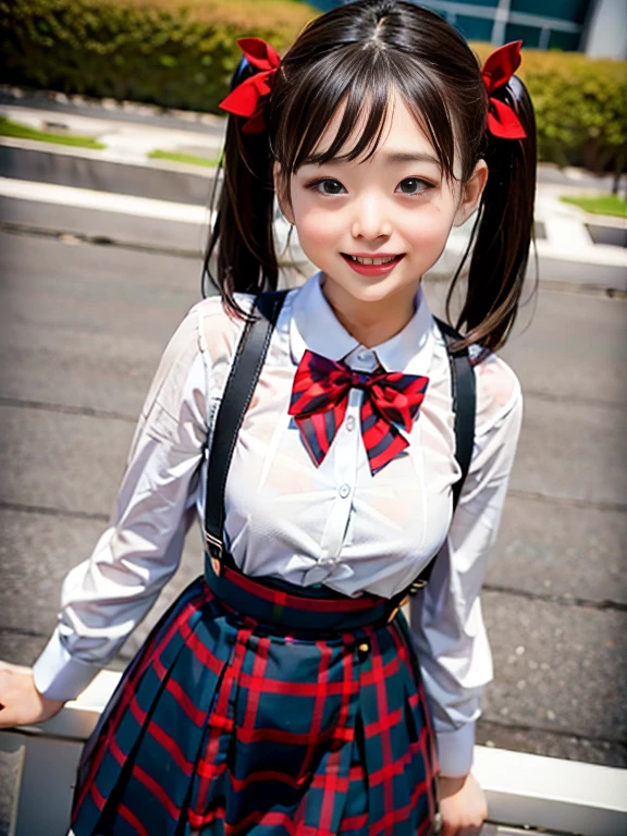  girl.................,, in front of the school、Connect to skirt with suspenders、White shirt with long sleeves、Plaid skirt , nice and cute, Innocent smile, , Lovely smile 、 with short bob、Pose cutely , 8 year old , bts , red knot , red bow , twin tails hair , waistband of skirt is at the point above chest