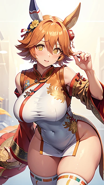 4k, high quality, nice lighting, soft lighting, realistic, matikanefukukitaru \(umamusume\), sexy, big breasts, thick thighs, wide hips, girl with white chinese outfit with gold edges dragon pattern, leg slit, muscular, toned, long flowing chinese dress, ornate, jewelry, hair bun, hair accessory