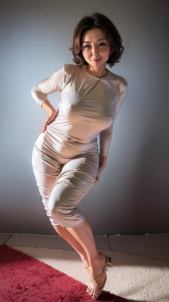 ((highest quality)), ((masterpiece)), (be familiar with), Perfect Face, Mature Woman, 50 years old, Japanese, After a, (Cum in mouth), (Open your mouth), Big Breasts, Large areola, Erect nipples, Round Small face, Big Nose, Slit eyes, Cat-like eyes, , Big Ass, Full body image, Tank top, Thin fabric hot pants,bra, Wavy Short Hair,