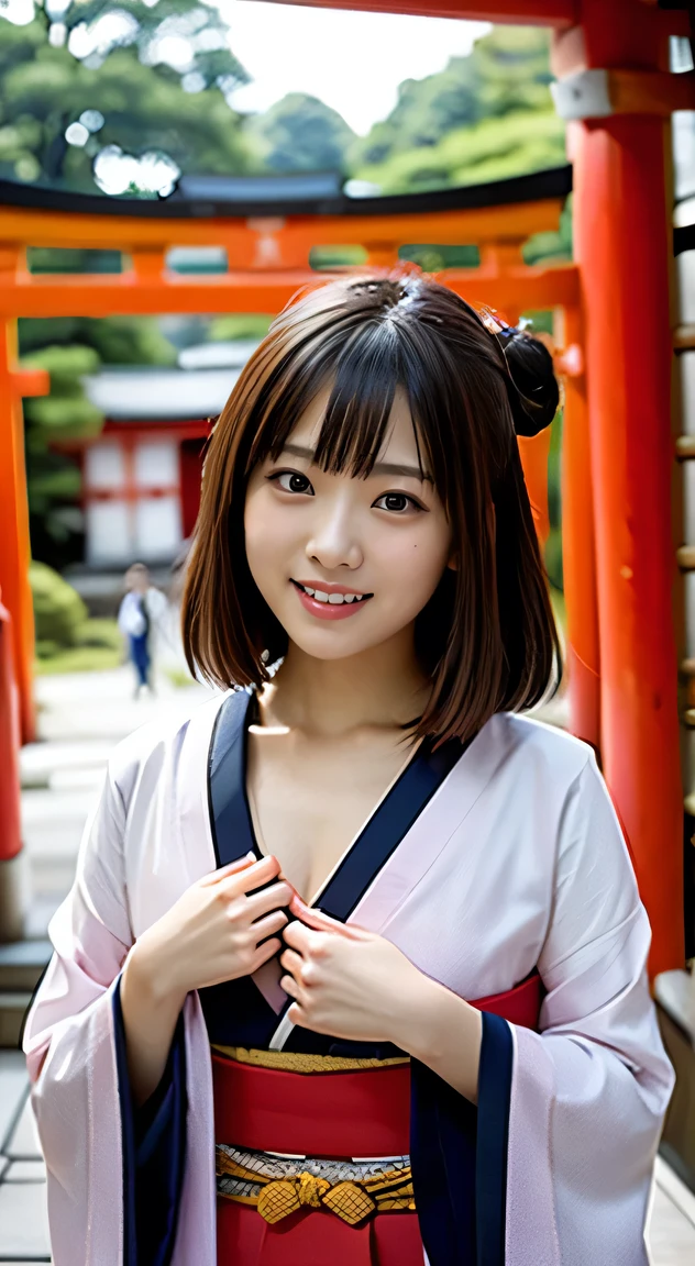 The chest of the kimono is open, 1 beautiful young girl, Super beautiful detailed face, smile shyly, (Slender body:1.2), (Japan kimono with colorful pattern:1.3), dark brown hair, bun hair, (Fine face:1.2), conceptual art, High quality, Realistic, extremely detailed CG unified 8k wallpaper, highly detailed, High-definition raw color photos, professional photography, Realistic portrait, Cinematic Light, Beautiful detailed, Super Detail, high details, depth of fields, illumination, ((the red torii gate in kyoto:1.2)), not nsfw, no nude, 