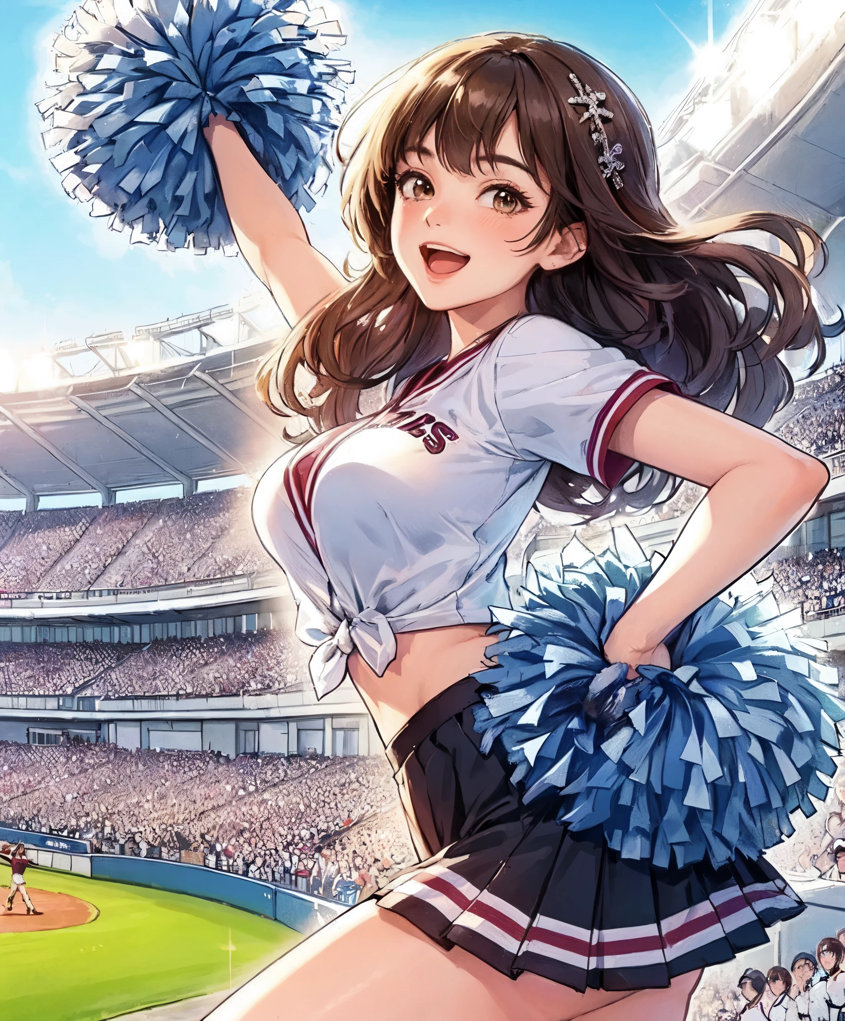1lady solo, cheering, dancing, (dynamic posing), cheerleader (stylish outfit), mature female, /(brown hair/) bangs, blush brightly smile, open mouth, (teeth:0.8), (masterpiece best quality:1.2) delicate illustration ultra-detailed, large breasts BREAK (holding pom-pom) BREAK /(baseball stadium) grass, outdoors, audience