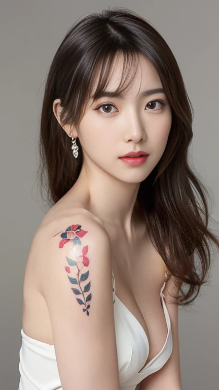 Anime-style woman, thin, thin, whole body, Full of tattoos, Lots of earrings, Beautiful and shiny hair, Rainbow Eyes, Slanted Eyes, Wavy Hair, Kind and charming, Exposing shoulders, Delicate and sexy collarbone, Attractive oval face, double eyelid, Pink Lips, Small Nose, Concentrated face, Ultra-high resolution, Very detailed, Graceful posture, A luxurious mini dress with a thin and transparent feel, Glowing Skin, Realistic Background, sunlight