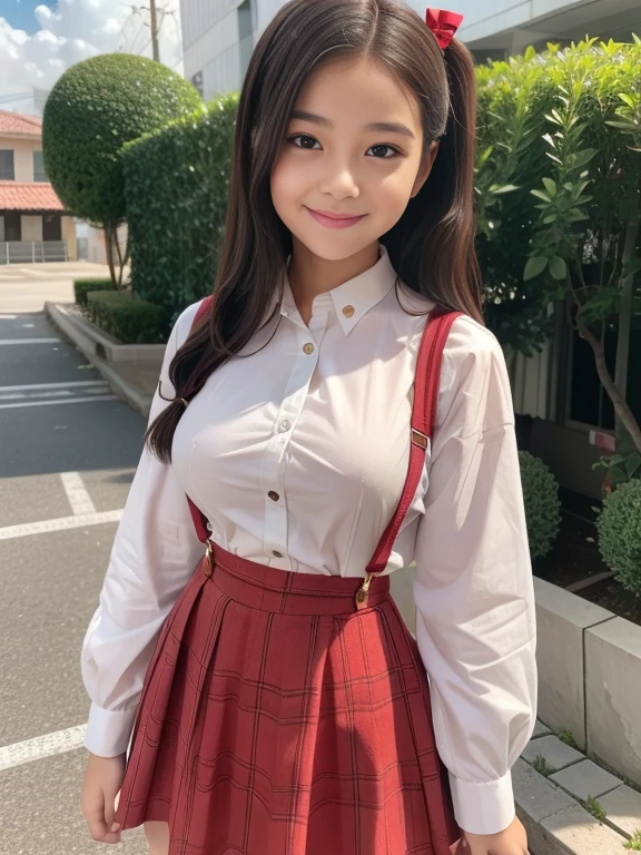 little young girl.................,, in front of the school、Connect to skirt with suspenders、White shirt with long sleeves、Plaid skirt , nice and cute, Innocent smile, , Lovely smile, sakimichan HDRI 、 with short bob、Pose cutely , 8 year old , big breasts , red knot , red bow , twin tails hair , waistband of skirt is at the point above chest