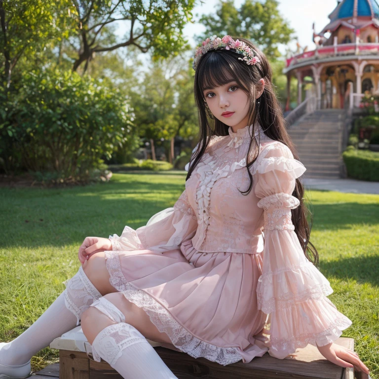 best quality, masterpiece, lifelike, 1 girl, solitary, eternal, Black Hair, Long curly hair, Bangs, Laugh out loud, Layered lace trim skirt, Puff sleeves, Wide sleeves, Transparent sleeves, flower, Detailed background, Delicate face,pink blush,White,Knee socks, Pink shoes,cold,Lots of lace,((masterpiece))、(top quality)、8k、High Detail、Super detailed、 21 years old female,masterpiece、born、Intricate details showcase the ruffles and intricate designs of the ta dress、beautiful、magic、realism、Visual effect、FXAA、SSAO、shader、voiceless、Ambient Lighting、Tone Mapping、high resolution、Ultra HD、Million pixels、(8k resolution:1.10)、8k resolution、High Detail、Intricate details、 (high quality:1.2、masterpiece:1.2、:1.21)、(21 years old female),Hair accessories are not allowed, in amusement park
