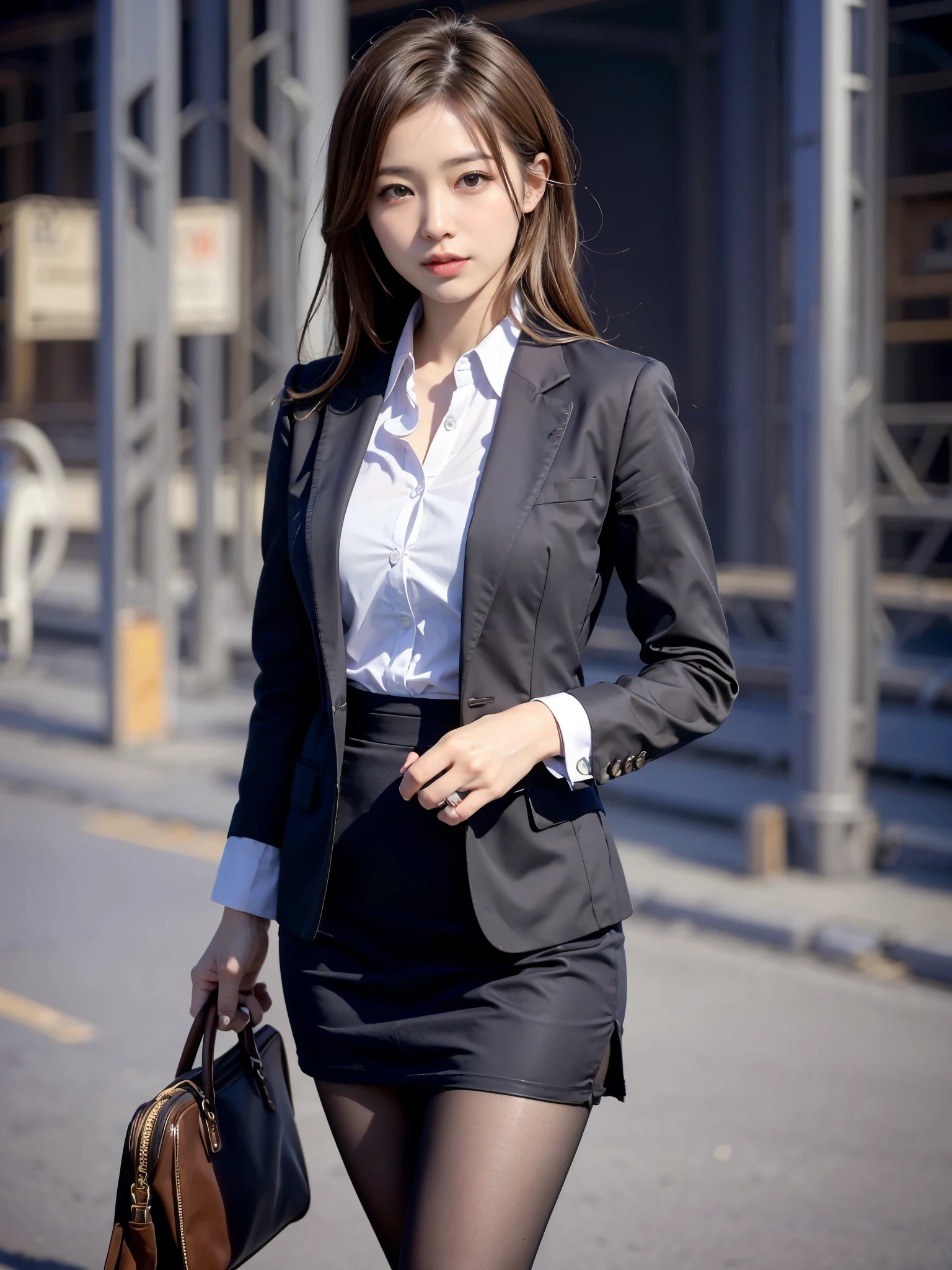 (8k, best quality, masterpiece:1.2),
(realistic, photo-realistic:1.37),
ultra-detailed,

1 girl, full body, outdoors, (adjusting hair:1.5)
office lady, black officeblazer, officeskirt, (pantyhose:1.2), (short buttoneddownshirt:1.2), buttonedupcollarprim, buttoneddowncollarprim, bra, (pantyhose:1.2), alphalayers, highheels,

beautiful earrings,
cute,
solo,
beautiful detailed sky,
(smile:1.15),
(closed mouth),
small breasts,
beautiful detailed eyes,
business attire,
(short hair:1.2),
floating hair NovaFrogStyle,