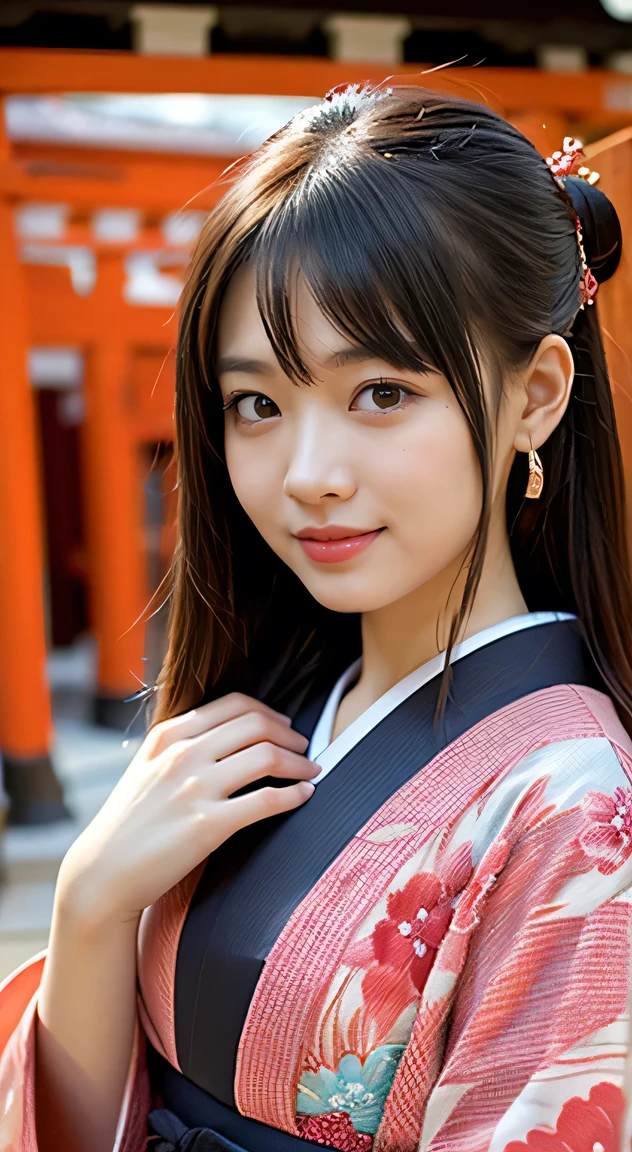 The chest of the kimono is open, 1 beautiful young girl, Super beautiful detailed face, smile shyly, (Slender body:1.2), (Japan kimono with colorful pattern:1.3), dark brown hair, bun hair, (Fine face:1.2), conceptual art, High quality, Realistic, extremely detailed CG unified 8k wallpaper, highly detailed, High-definition raw color photos, professional photography, Realistic portrait, Cinematic Light, Beautiful detailed, Super Detail, high details, depth of fields, illumination, ((the red torii gate in kyoto:1.2)), not nsfw, no nude,