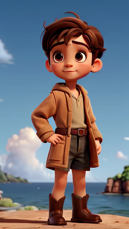, hair pulled back, brown eyes, robe, boots, hands_on_hips, day, sun, sky, over the sea, best quality, forehead, very short hair, brown hair, wide eyed, eyeball,