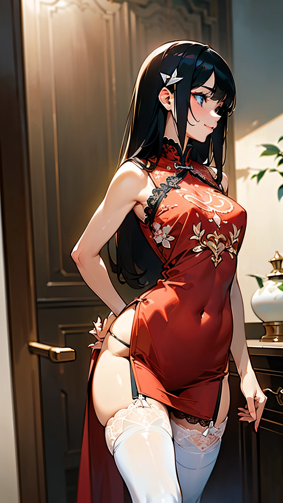 (Realistic:1.3), (masterpiece:1.2), High definition(photoRealistic:1.0), (highest quality), (Detailed skin:1.3), (Intricate details), Reduces light reflections,Detailed skin texture, High resolution, high quality texture, Realistic facial expression, Beautiful details, Fine details, Highly detailed CG, 8K face in profile, Natural light,
TWO legs, Two arms, Five fingers, Two joints in the fingers, Perfect body balance,
ONE woman, 19 years OLD,
(Depict from chest to head:1.4), ((angle from BACK)), (angle from BEHIND)
Inside the ROOM,
(blush:0.8), ((smile)), Turn your hips and turn around,
(Black HAIR), (Straight Hair), medium Long Hair, (Calm hair), bangs, Hair between the eyes, Hair volume is low, hair ORNAMENT,
Clear eyes, blue eyes, Lens Eye, highlights in the eyes, Symmetrical eyes, looking at the CAMERA, eye shadow, Pupils with clear outline
WEARING long dark red China dress, floral prints on the dress, SLEEVELESS, china dress has slit of one Side, (((slit is at ONE SIDE))), ((lace thongs)), Do not mix panty and clothes, (white knee-high stockings with sheer lace), Adjust the length of the front and back skirts, The left and right stockings have the same design, panty is inside the skirt, The height of the hem of the dress is at the calf
spread legs, ((Pinch her panty and slide it to the side with her fingers)), (she Touch her hips:1.2)
big tits, (HIP:1.1), buttock, (pat butt:1.1), peach hip