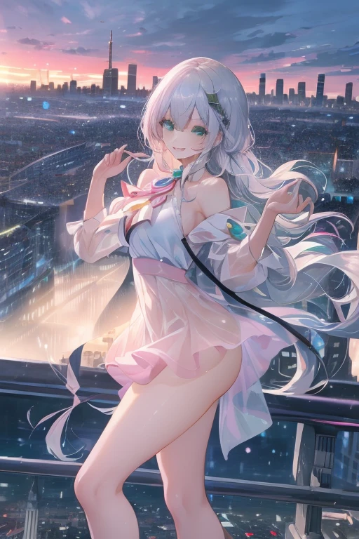 official art, masterpiece, Sharp focus, (Beautiful, gorgeous and cute Korean woman:1.3), (beautiful and cute korean:1.3), Korean beauty, Exquisite and beautiful hair、Eyes and face, Practical, Ultra Detailed, beautiful girl, Blue sky, Glowing white particles, (Side Light:1.2), Sunlight, Baiyun, Detailed clouds, slim, Very cute big and big butt, Smile with teeth bared, ((Smile with your eyes, Open your eyes)), landscape, Long and straight hair, Sexy facial expressions, architecture, (city View:1.7), Dynamic Hair, very Long and straight hair, Delicate platinum silver hair, Green eyes, Pink skirt, Black socks, Pale skin, Hair accessories, epic landscape,,White high heels,Nice butt,Beautiful buttocks,Nothing under the skirt,Weight loss