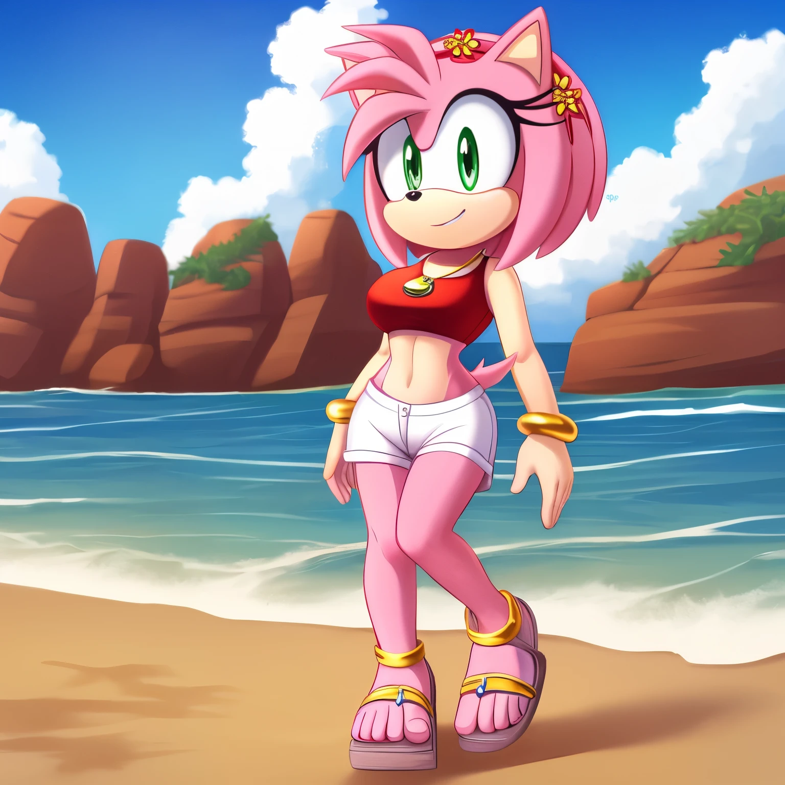Amy Rose, Hedgehog, pink fur,light green eyes eyes, ornament flowers,head flowers,golden necklace,red crop top with boob,perfect female shape,full body,(beach background),seaside,window, sleeveless, golden Bracelets , white shorts, white sandals shoes, (very long wavy quills), ((solo)), ((1girl)), confident expression