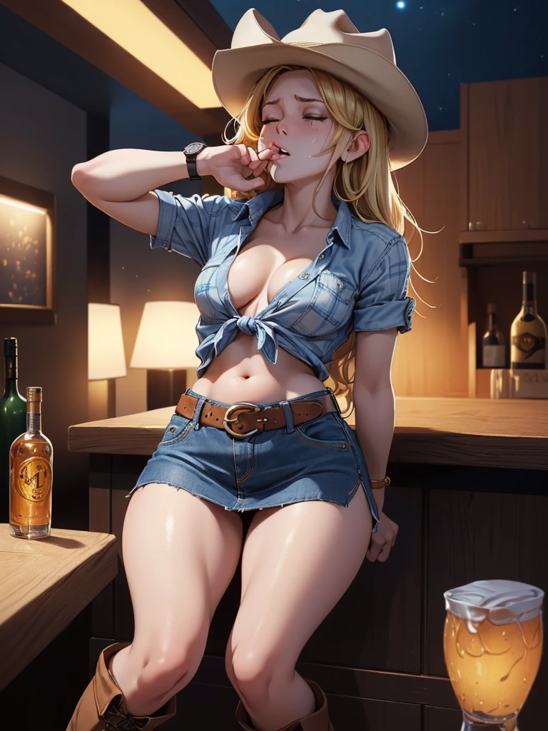 (((1 person:2.0))),(((Cowgirl Costume))),(((Denim mini skirt:1.3))),(((belt:1.3))),(((Wear a western hat))),(((He is wearing a short-sleeved shirt, Plaid, Front tie shirt.))),(((Wearing a watch))),(((short boots))),(((Slim body))),(((Showing cleavage))),(((Showing your belly button))),(((Exposed thin inner thighs:1.5))),(((Small breasts:1.5))),(((Bare arms))),(((Her hair is blonde))),, Beautiful detailed girl, Very detailed目と顔, 緻密でBeautiful Eyes, Very detailed, High resolution, highest quality, masterpiece, Very detailed, 8k wallpaper, wonderful, finely, highest quality, The light shines on your face,(Night Bar),Beautiful Eyes,(((Drunk hiccups:1.5))),Cowboy Shot