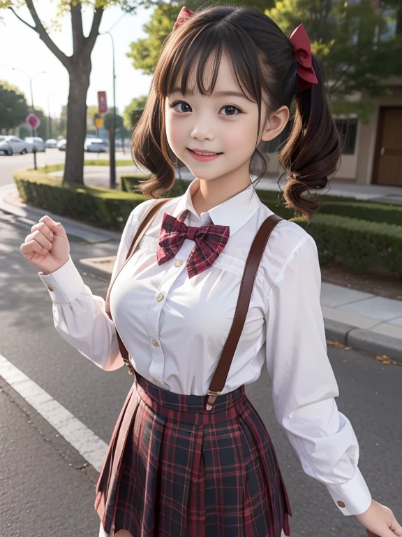 little young girl.................,, in front of the school、Connect to skirt with suspenders、White shirt with long sleeves、Plaid skirt , nice and cute, Innocent smile, , Lovely smile, sakimichan HDRI 、 with short bob、Pose cutely , 8 year old , big breasts , red knot , red bow , twin tails hair , waistband of skirt is at the point above chest