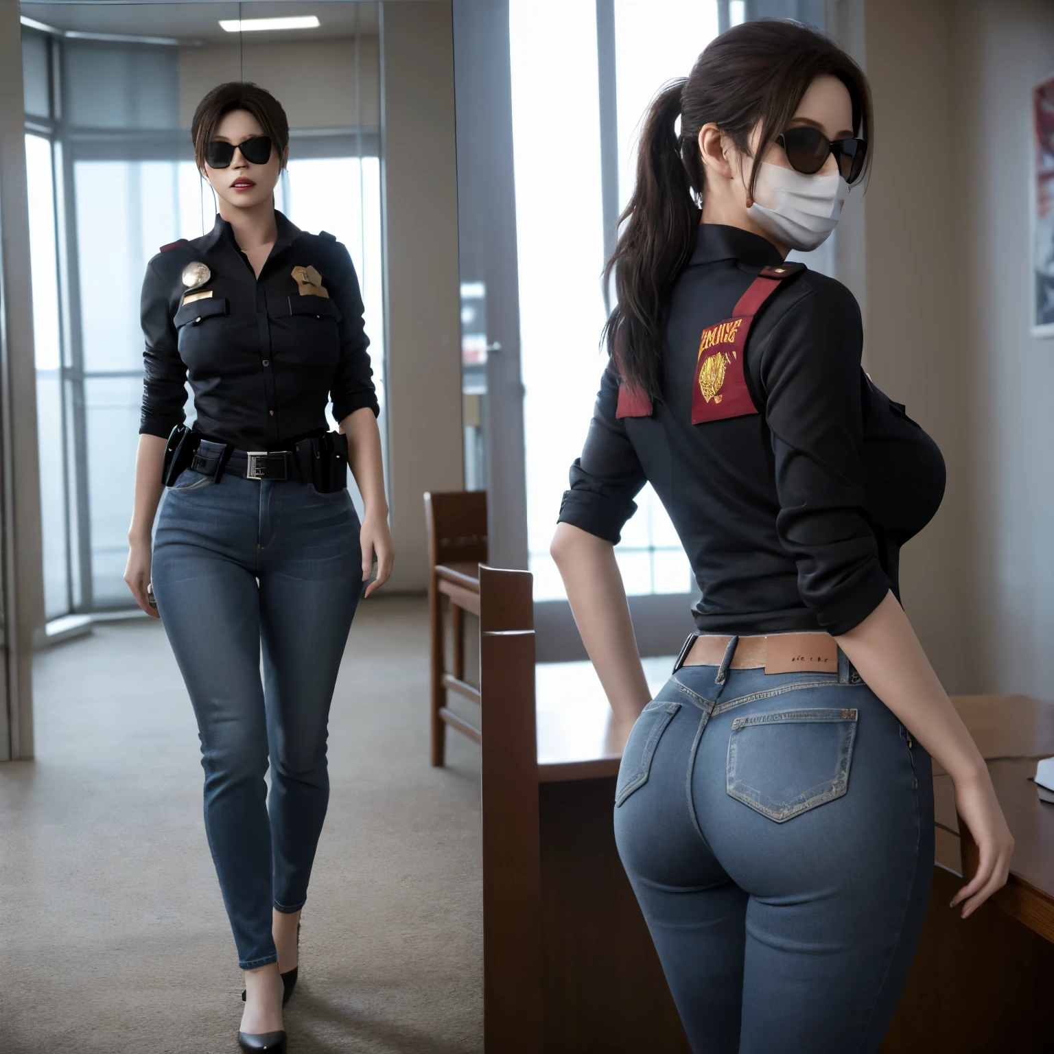 (masterpiece, best quality), 1girl , claireredfield2, in police office, in sunglasses and masks, wear jeans, big ass, walking