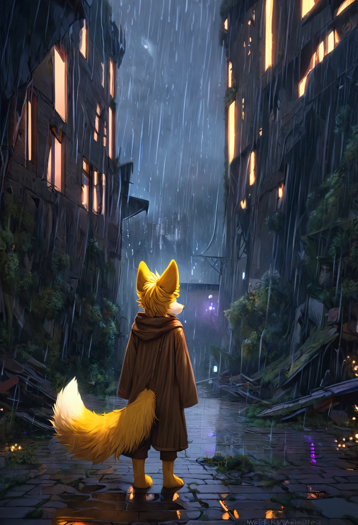 Shota the fox，hairy pubic，shaggy，Skin fur，Golden fur，Golden yellow face fur,Short straight blonde hair，Eyes have light，Red eyes，Brown elements on fur，Brown coat brown hood up，Star pattern white top，brown shorts，Beautiful lights and shadows，Ambient light，Ultra-fine fur，volumettic light,natural  lightting，Fluffy tail，Dilapidated building，Plant elements in ruins，lichen，There is no other life，Night，starrysky，Vast landscape，crossed bangs, Hairline, Shiny hair, lone nape hair, ，Dilated pupils，Sleepy，（moon full：1.2），（meteors：0.9），（Starcloud：1.3）（Warm light source：1.2），Rained，wetclothes, (overcast sky, Standing downpour:1.1), Extra-long sleeves， Purple and orange，Complicated details，Volumetriclighting，Realist breakthrough（tmasterpiece：1.2）（best qualtiy），4K，Ultra-delicate，（Dynamic configuration：1.4），Highly detailed and colorful details，（Irridescent color ：1.2），（luminouslighting，Atmospheric lighting），dream magical，magic，（solo：1.2）Glowing light,Empty eyes