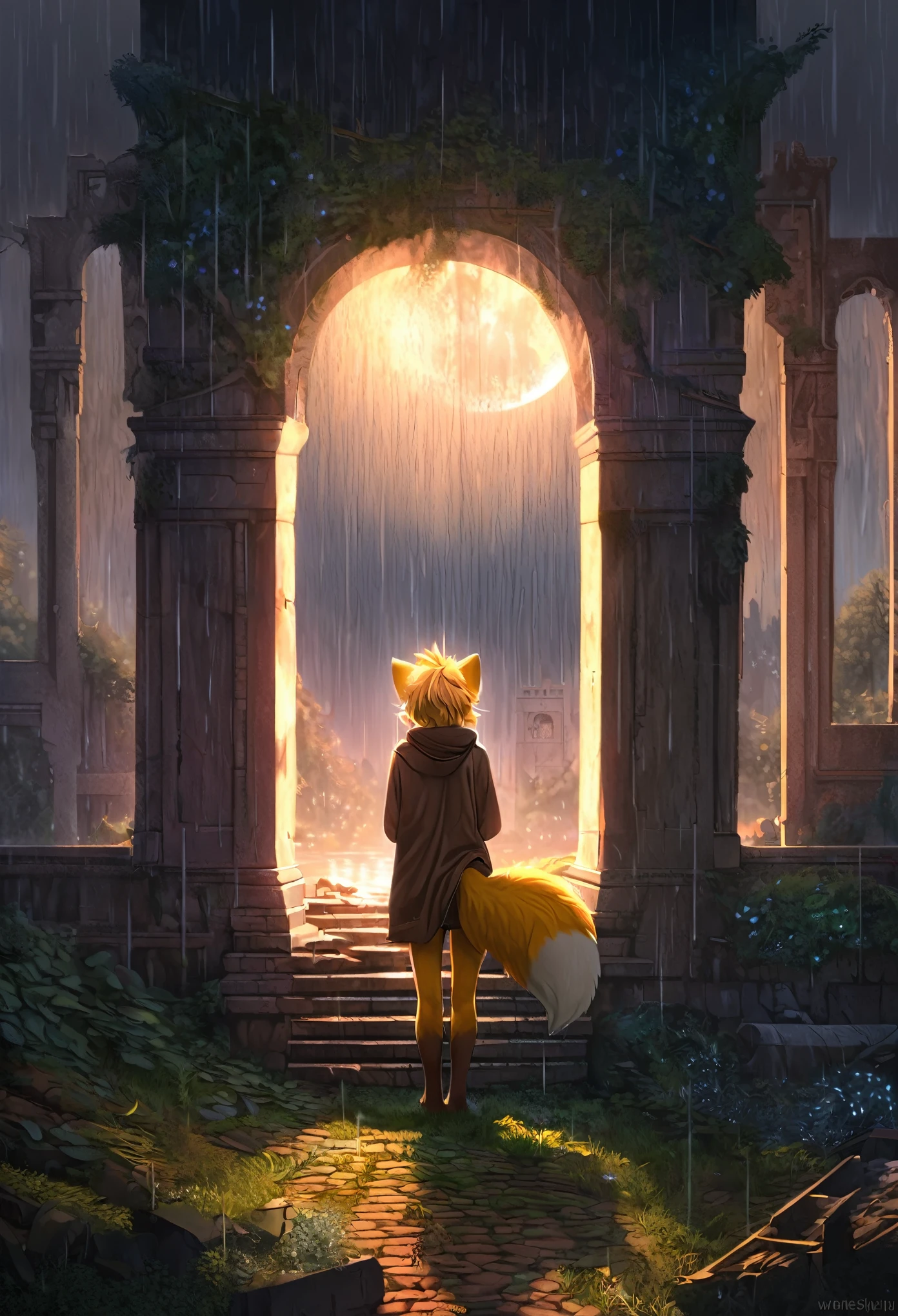 Shota the fox,hairy pubic,shaggy,Skin fur,Golden fur,Golden yellow face fur,Short straight blonde hair,Eyes have light,Red eyes,Brown elements on fur,Brown coat brown hood up,Star pattern white top,brown shorts,Beautiful lights and shadows,Ambient light,Ultra-fine fur,volumettic light,natural lightting,Fluffy tail,Dilapidated building,Plant elements in ruins,lichen,There is no other life,Night,starrysky,Vast landscape,crossed bangs, Hairline, Shiny hair, lone nape hair, ,Dilated pupils,Sleepy,(moon full:1.2),(meteors:0.9),(Starcloud:1.3)(Warm light source:1.2),Rained,wetclothes, (overcast sky, Standing downpour:1.1), Extra-long sleeves, Purple and orange,Complicated details,Volumetriclighting,Realist breakthrough(tmasterpiece:1.2)(best qualtiy),4K,Ultra-delicate,(Dynamic configuration:1.4),Highly detailed and colorful details,(Irridescent color :1.2),(luminouslighting,Atmospheric lighting),dream magical,magic,(solo:1.2)Glowing light,Empty eyes