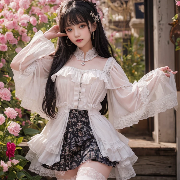 best quality, masterpiece, lifelike, 1 girl, solitary, eternity, Black Hair, Long curly hair, Bangs, laugh out loud, layered lace skirt,  Puff sleeves, Wide sleeves, Transparent sleeves,  flower, Detailed background,  Delicate face，pink blush，White，Knee socks, Pink shoes，cold，Lots of lace，((​masterpiece))、(top quality)、8k、High Detail、Ultra Detailed、 21 years old female，​masterpiece、born、Intricate details showcase the ruffles and intricate designs of the Lolita dress、fair、magic、realism、Visual effects、FXAA、SSAO、shader、voiceless、Ambient Lighting、Tone Mapping、high resolution、Ultra HD、Million pixels、(8k resolution:1.10)、8k resolution、High Detail、Intricate details、 (high quality:1.2、​masterpiece:1.2、:1.21)、(21 years old female），Hair accessories are not allowed, At the Eiffel Tower