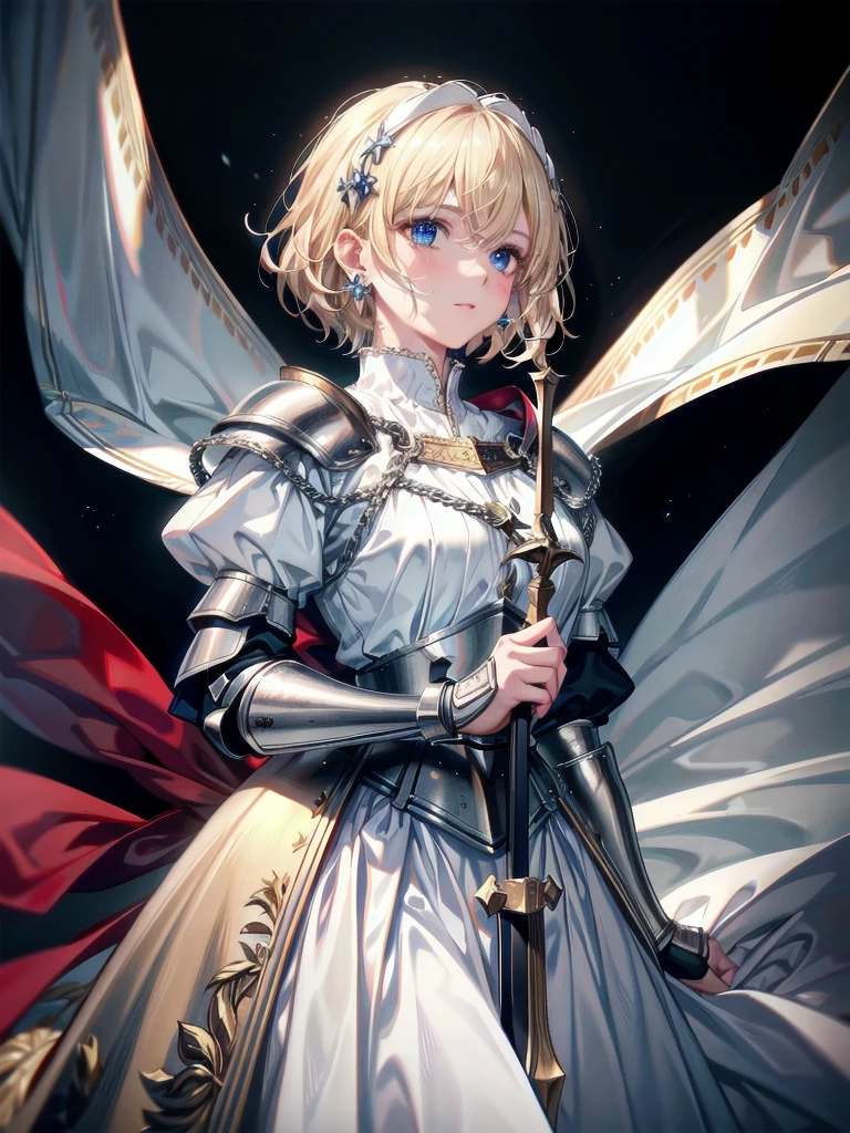 Joan of Arc, full body shot, absurdres, RAW photo, extremely delicate and beautiful, masterpiece, Best Quality, ultra high resolution, 32k, hyperrealistic, ultra-detailed, detailed beautiful face and eyes, tearful mole, earring, short medium hair, wavy hair, blonde hair, gauntlets, surcoat,