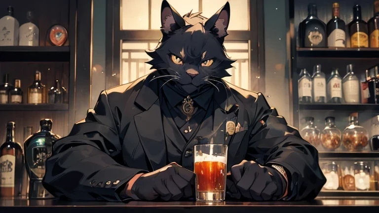 初老のBlack cat man,Calm atmosphere,  whole body,  Bar Master, Black cat man, Cat in the face, Calm atmosphere, Polishing the glass, Bartender attire,Perfect hands,