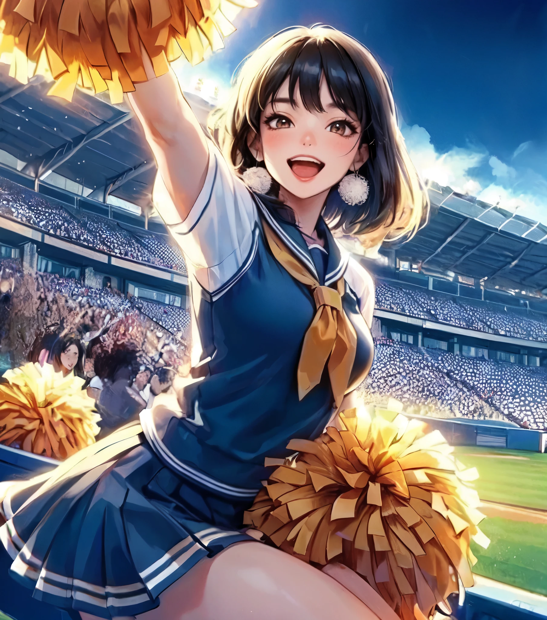 1lady solo, cheering, dancing, (dynamic posing), cheerleader (stylish outfit), mature female, /(black hair/) bangs, blush brightly smile, open mouth, (teeth:0.8), (masterpiece best quality:1.2) delicate illustration ultra-detailed, large breasts BREAK (holding pom-pom) BREAK /(baseball stadium) grass, outdoors, audience