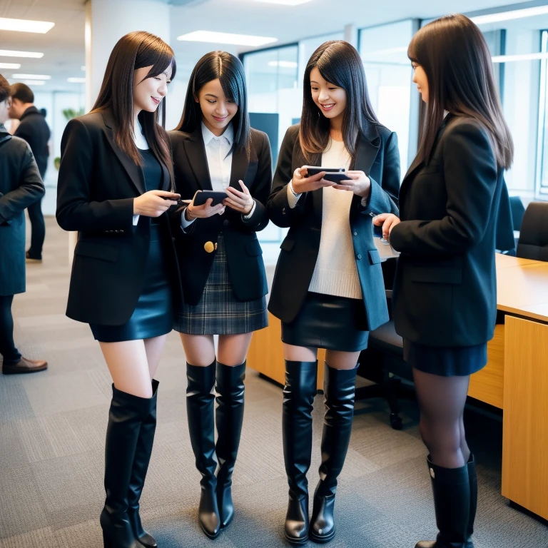 A group of young Japanese women wearing blazers, Black Leather Gloves, Knee-high boots standing facing each other. They are holding smartphones and discussing something. The scene is set in a modern office, A sophisticated atmosphere. There is a big difference in height between the women, One is noticeably taller than the other. The images are of the highest quality, Highly detailed realism and vibrant colors. Lighting is perfectly balanced, Create a professional and polished look.