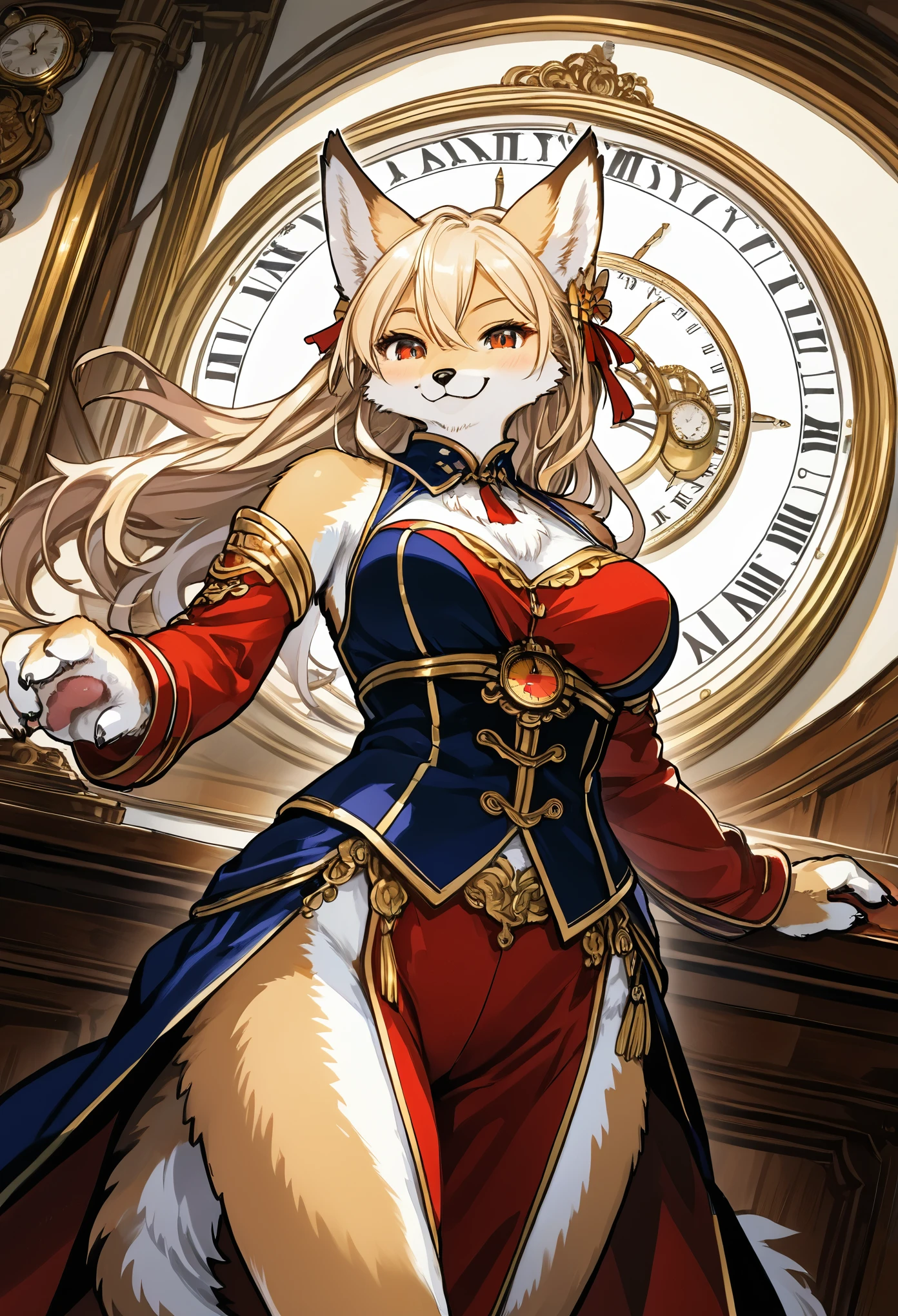 cover page, highres, top quality, best quality, paid reward available, unparalleled masterpiece, perfect artwork, absurdres, High-quality illustrations, super high resolution, detailed background, perfect anatomy(1girl, kemono, furry anthro, fearless smile, reach for the clock) in room with clock, fantasy artwork, cinematic lighting, Backlight,