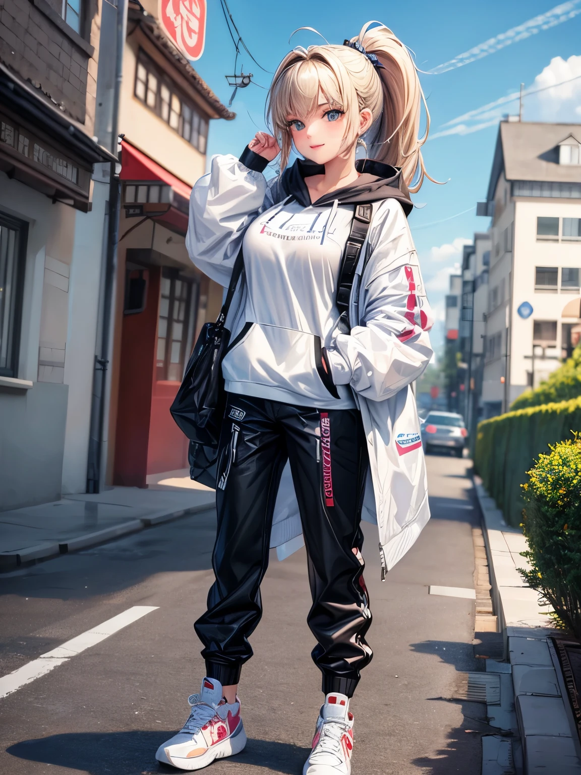 ((best quality)), ((masterpiece)), (detailed), perfect face,(18 years old),(beautiful girl), ponytail,(blackes Braun hair), cute smile (looking at vivers) on a streat road,( full body view),(detailed lips), perfect head ,(detailed face), wers a white hoodi black Stiles short pant that reaches nee, heads in hoodi pocket,(huge breasts),(perfect girl), Korean girl