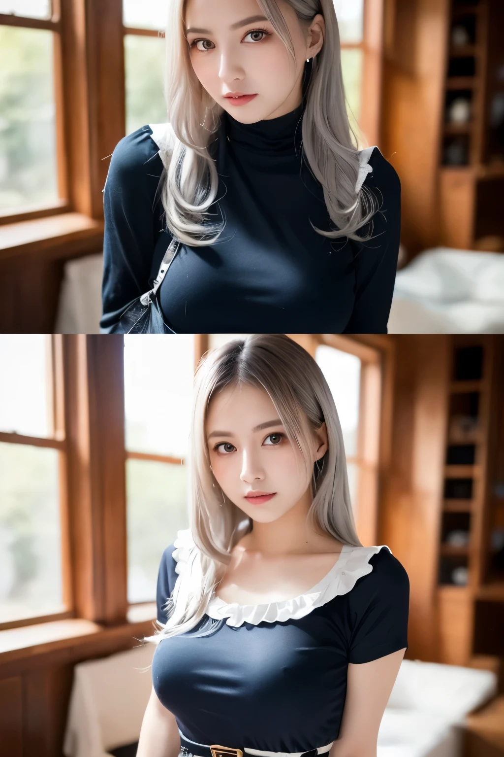 (((masterpiece))), (((highest quality: 1.4))), ((Super Detail: 1.4)) , ulzzang-6500-v1.1, (Raw photo:1.2), (Photorealistic), (See-through:1.3), (masterpiece), (Genuine:1.4), Very detailed, Sharp focus, Tensura、luminous valentine、One beautiful woman, ((Beautiful shiny silver hair))、Detailed eyes、Detailed face、((The left and right eyes are different colors!!!)), ((Red right eye、Blue left eye))、Gothic Lolita Maid Clothing、Knee-high、