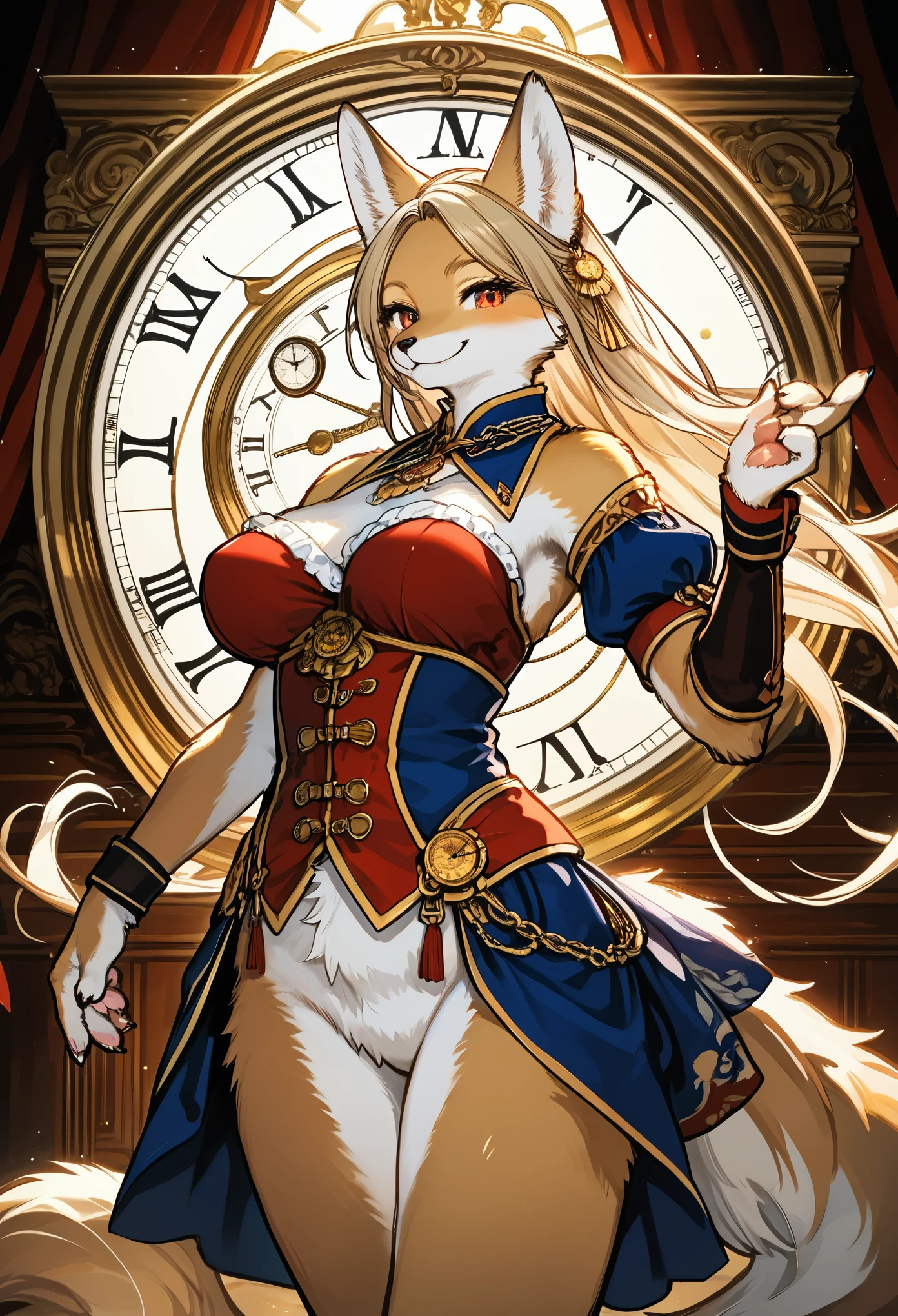 cover page, highres, top quality, best quality, paid reward available, unparalleled masterpiece, perfect artwork, absurdres, High-quality illustrations, super high resolution, detailed background, perfect anatomy(1girl, kemono, furry anthro, fearless smile, reach for the clock) in room with clock, fantasy artwork, cinematic lighting, Backlight,