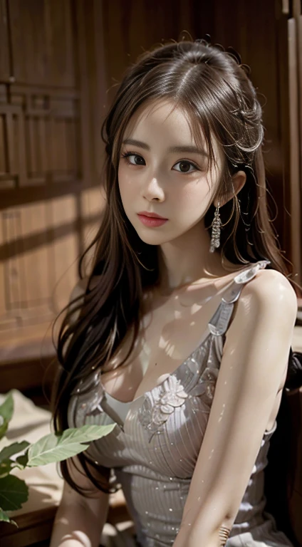 high quality, masterpiece, masterpiece, Delicate facial features, Delicate Hair, Delicate eyes, Delicate colored hair, 4K quality, Shining lights and shadows, Tyndall effect, Hello, Messy Hair, like々Condition, Nice views, Elegant clothes, chain, feather, The big eyes of ancient Chinese beauties are highly detailed, Digital Painting, artステーション, コンセプトart, Clear focus, figure, art:Greg Rutkowski、Alphonse Mucha、Victo Ngai, Thighs, Sitting