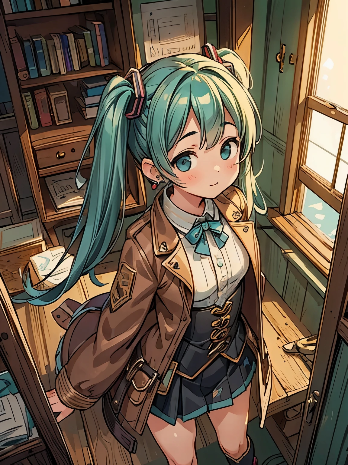 (masterpiece、highest quality、highest quality、Official Art、Beautiful and beautiful:1.2)、(One girl:1.3)Hatsune Miku、Twin tails,Big Breasts,masterpiece, highest quality, One Girl, Upper body, Historical background: Steampunk future、country: Scraptown、Hairstyle on: Wear goggles upstyle、clothing: Steampunk style jackets and corsets、shoes: Retro boots、With accessories: Scrap Metal Earrings、Angle from above,