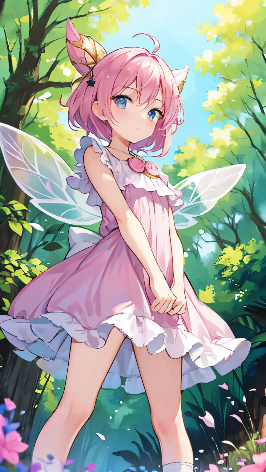 pink hair, bell, Pop art, drop shadow, from below, super detail, high details, highres, 10 years old, Fairy, Tinker Bell, thin wings, in the forest, flying in the sky, pastel colors, pastel art