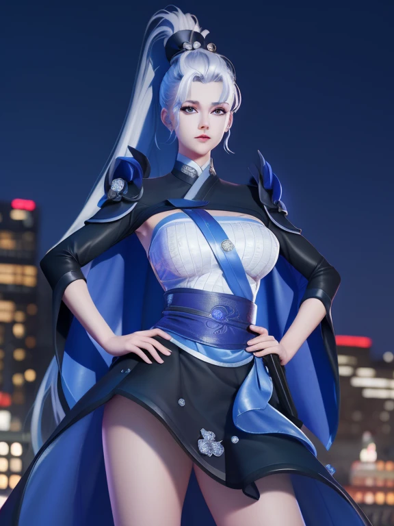 WZRY Mulan MQJF, 1 Girl, Long hair, Solitary, Ponytail, cape, white hair, jewelry, skirt, blue eyes, Black gloves, armor, breast,  cityscape, night, Looking at the audience, Mature female, Hands on Hips,