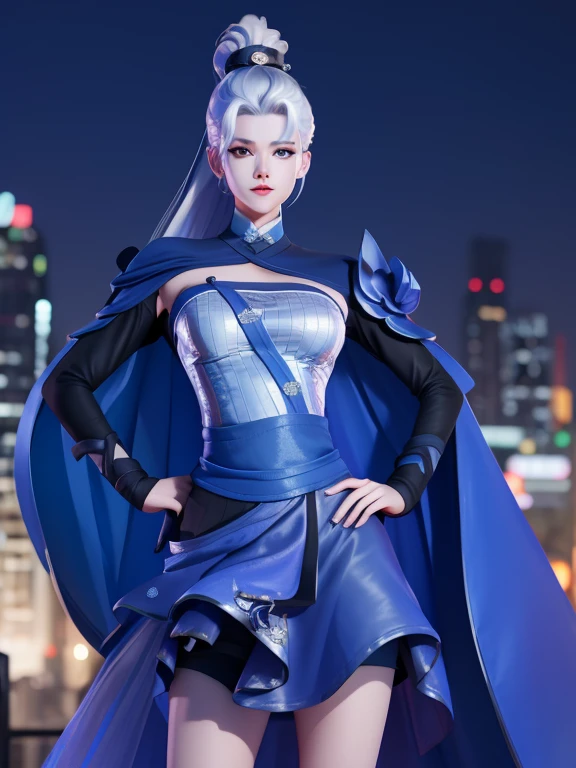 WZRY Mulan MQJF, 1 Girl, Long hair, Solitary, Ponytail, cape, white hair, jewelry, skirt, blue eyes, Black gloves, armor, breast,  cityscape, night, Looking at the audience, Mature female, Hands on Hips,