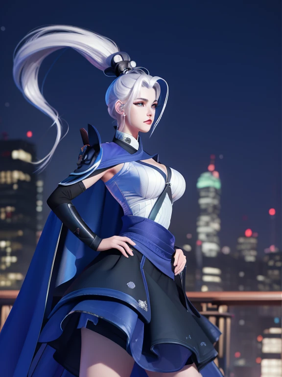 WZRY Mulan MQJF, 1 Girl, Long hair, Solitary, Ponytail, cape, white hair, jewelry, skirt, blue eyes, Black gloves, armor, breast,  cityscape, night, Looking at the audience, Mature female, Hands on Hips,