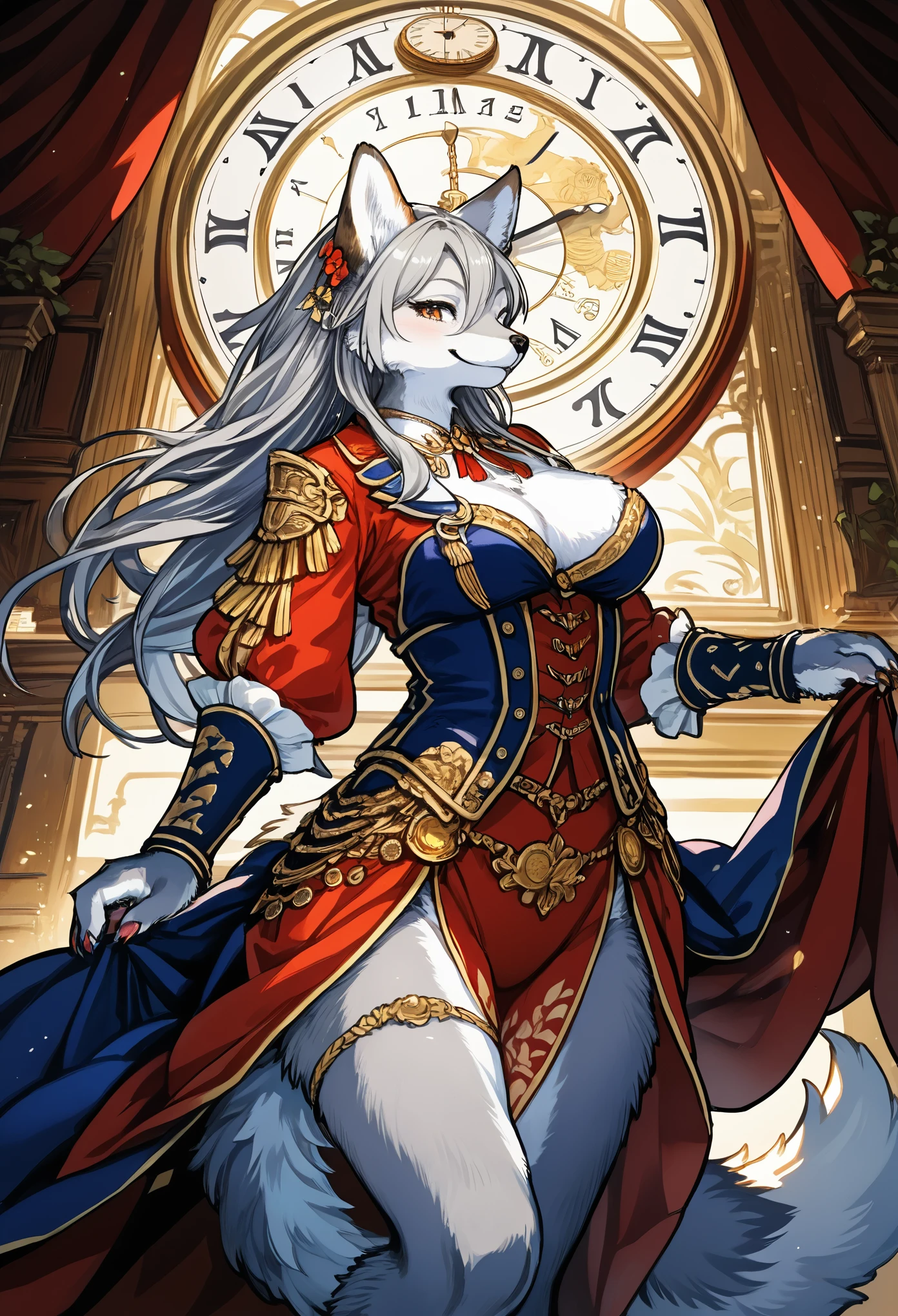 cover page, highres, top quality, best quality, paid reward available, unparalleled masterpiece, perfect artwork, absurdres, High-quality illustrations, super high resolution, detailed background, perfect anatomy(1girl, kemono, furry anthro, fearless smile, reach for the clock) in room with clock, fantasy artwork, cinematic lighting, Backlight,