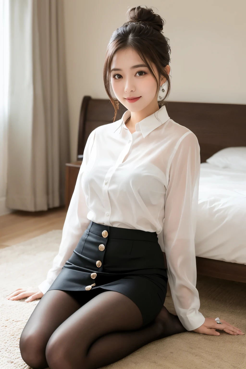 ulzzang-6500-v1.1, (Raw photo:1.2), (Photorealistic), (See-through:1.3), (masterpiece), (Genuine:1.4), Very detailed, Sharp focus, One beautiful woman, Updo, White Tight Button Shirt, Black tight skirt, (Ultra-realistic pantyhose), Sit on the floor with your feet together、Very detailed顔と肌の質感, ((Fine grain)), ((Beautiful Eyes:1.2)), Makeup、smile, bed