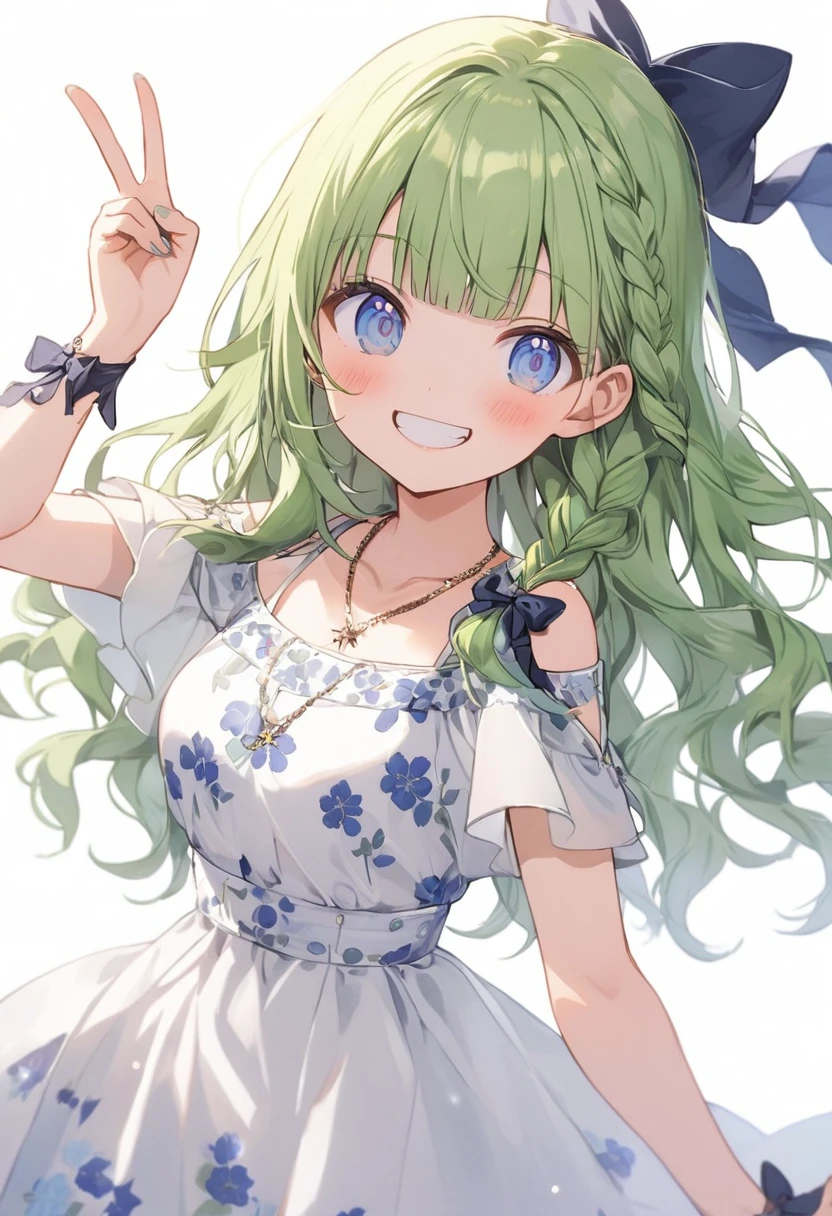 anime,flat-style, 1girl, solo, smile, (dancing:1.6),pointing, v, shoulder cutout, green hair, messy hair, blunt bangs, braid, dress, blue eyes, side braid, blush, long hair, grin, outdoors,jewelry, clothing cutout, bangs, necklace, floral print, white background, bow, facing viewer, breasts, bare shoulders, day, collarbone, hair bow, short sleeves, ribbon, depth of field, hair over shoulder,high-heeled shoes, looking at viewer,