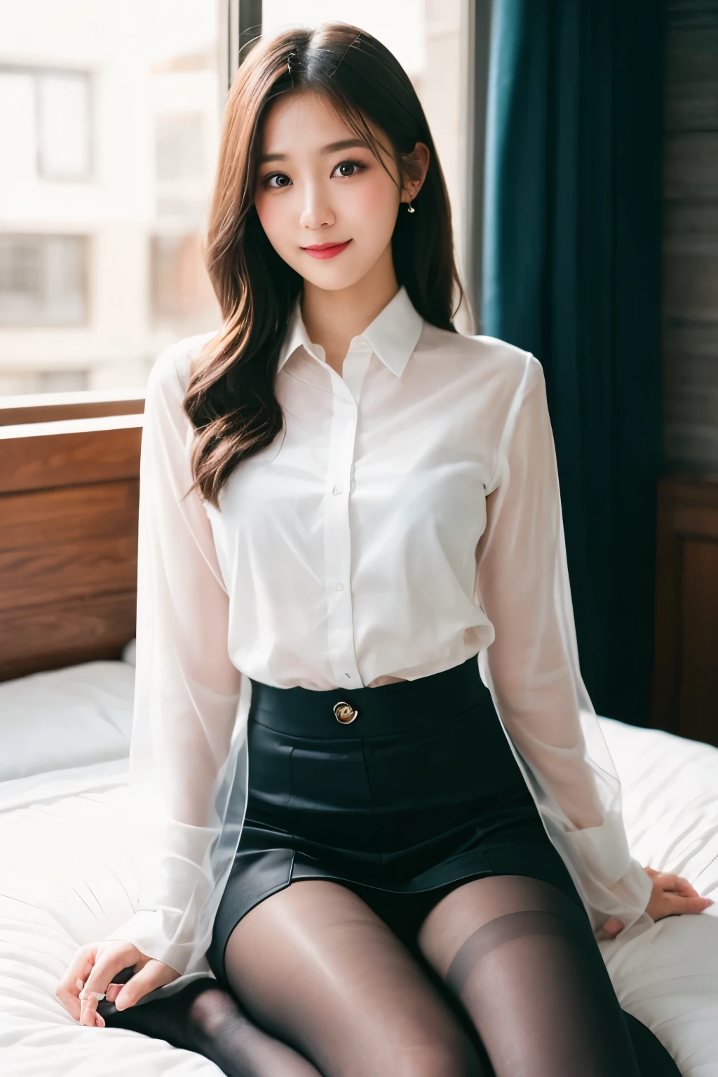 ulzzang-6500-v1.1, (Raw photo:1.2), (Photorealistic), (See-through:1.3), (masterpiece), (Genuine:1.4), Very detailed, Sharp focus, One beautiful woman, Updo, White Tight Button Shirt, Black tight skirt, (Ultra-realistic pantyhose), Sit on the floor with your feet together、Very detailed顔と肌の質感, ((Fine grain)), ((Beautiful Eyes:1.2)), Makeup、smile, bed