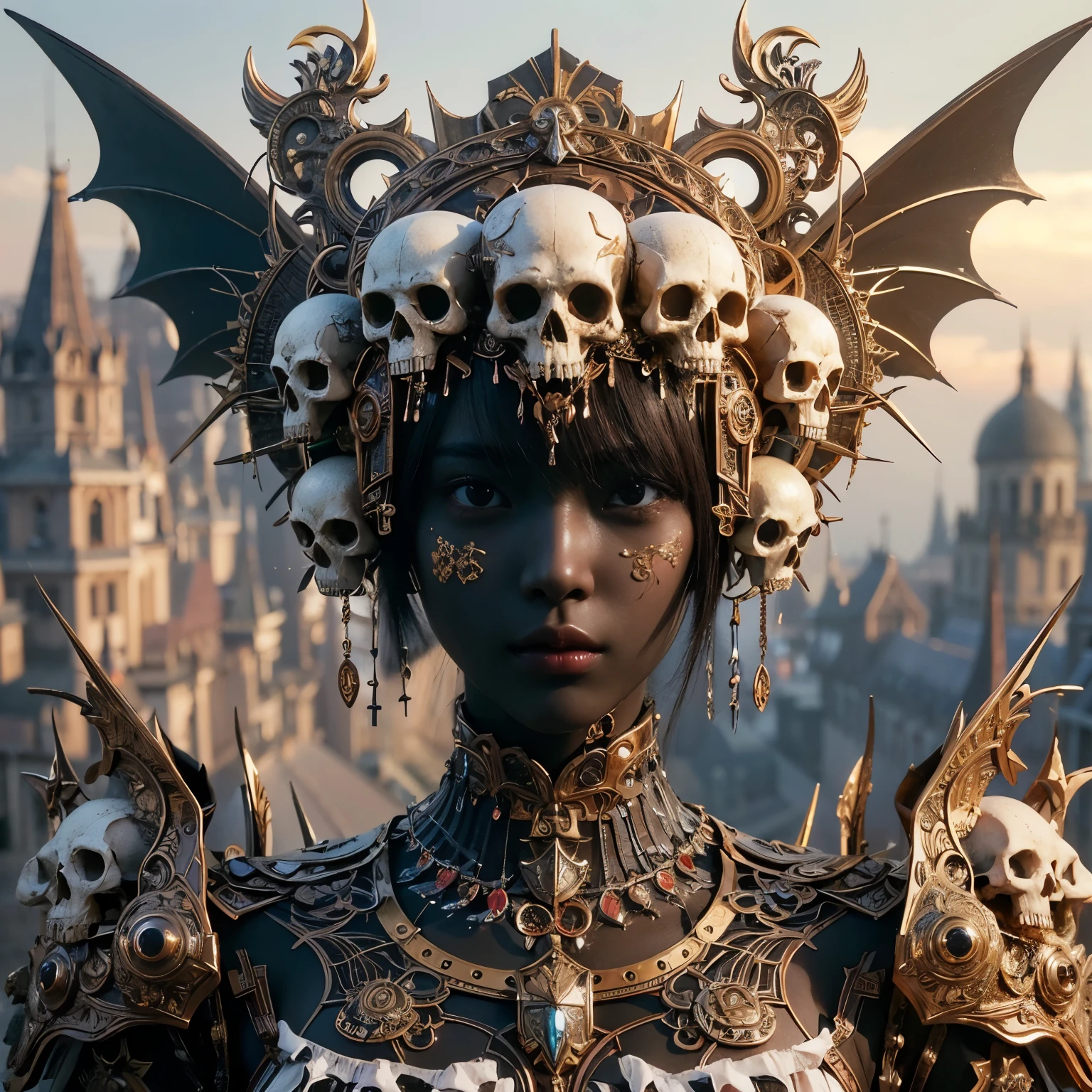 (masterpiece、highest quality、Realistic photos)、A very cute Japanese woman、(Brown skin:1.4)、A complex copper and brass mechanical armor with a skull motif.、Bat Wings、White tone、Blue accents、foot、Extremely intricate details、Posing on the medieval castle walls at sunset、Full Body Shot、Minimum 4 or more generated