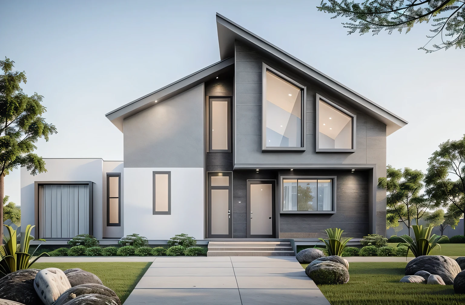 (((best quality, masterpiece, super detailed))), (actual image:1.2), high quality, modern gray house, modern house, many trees, Main objects: masonry walls, bright gray paint, wide glass doors, wood ceilings,a street front house, main material (wood: gray stone:0.2),Modern style, beauty dawn sky,((real cube: 1.3)), perfect light, A pleasant living space with many trees, ((grass))