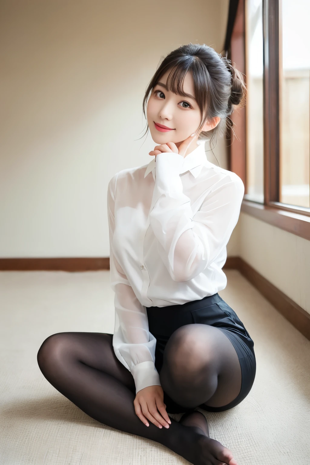 ulzzang-6500-v1.1, (Raw photo:1.2), (Photoreal),(genuine: 1.4), (muste piece), highest quality, shape, Super detailed, finely, High resolution, 8k wallpaper, 完璧なダイナミックな構shape, beautiful and detailed eyes, There is a woman squatting in the room., (super realistic pantyhose:1.3), Beast, japanese , seifuku, Chiho, sakimichan, cute , Yoshitomo Nara, various poses, japanese girl uniform, wearing Japanese , reluvy5213, wearing a principal's uniform