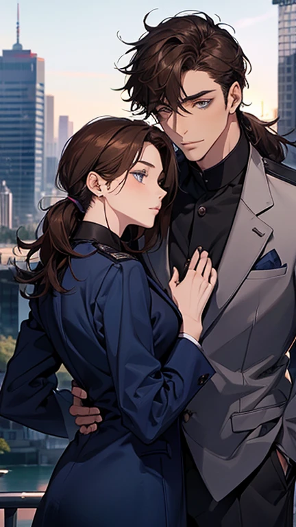 masterpiece, highest quality, 2. He, Group of 2, 1 male、1 female, mature, Adult, Height difference, Different Fashion, Different colors, Small eyes and a small face, Intricate details, Woman in a suit, A man wearing a pilot suit and coat,A man with a dark blue low ponytail,Modern cityscape, friend,  Brown haired woman, Dark blue eyed man, Woman with wavy medium hair