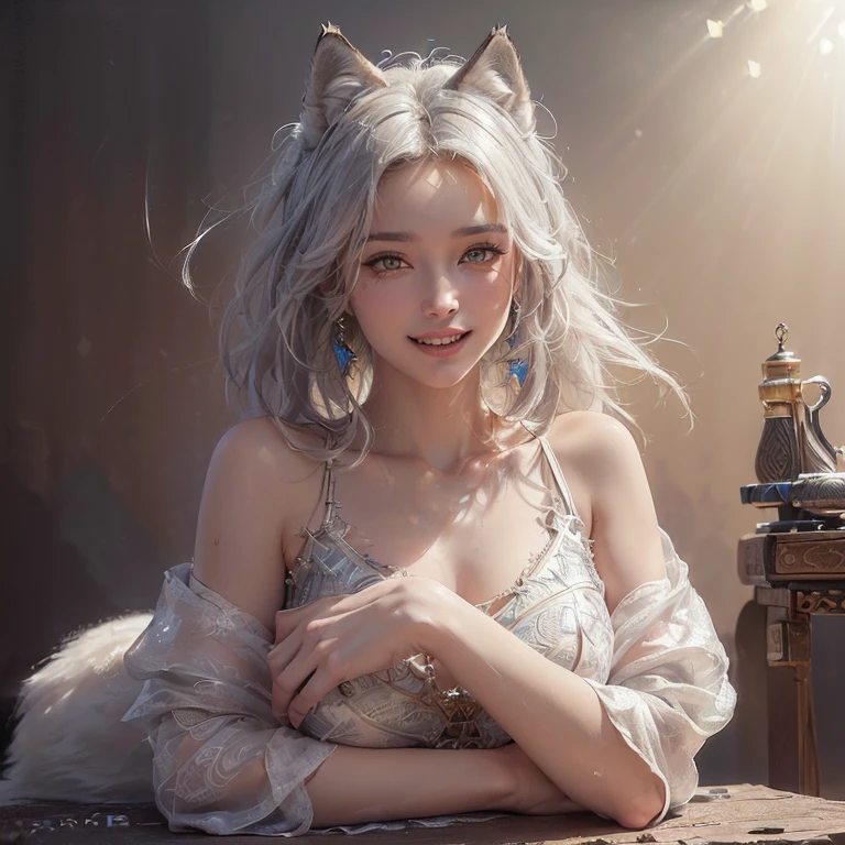 Desert, windy weather, white wolf, ((highest quality, masterpiece, 8k, best image quality, ultra high resolution, Award-winning work), (accurate anatomy:1.1), (look at me and smile:1.1), Shining fair skin with ultra high resolution, most detailed face, ultra high resolution detailed face, white short hair flowing, Beautiful face drawn in every detail, ancient colorful Greek clothing, modest breast, real wolf beside the girl, HDR, UHD, studio lighting, ultra-fine painting, sharp focus, physically-based rendering, extreme detail description, professional, vivid colors, bokeh, photo-realistic:1.37), portraits, landscape, horror, anime, sci-fi, photography, concept artists, warm color tones, soft lighting, dance with wolves.